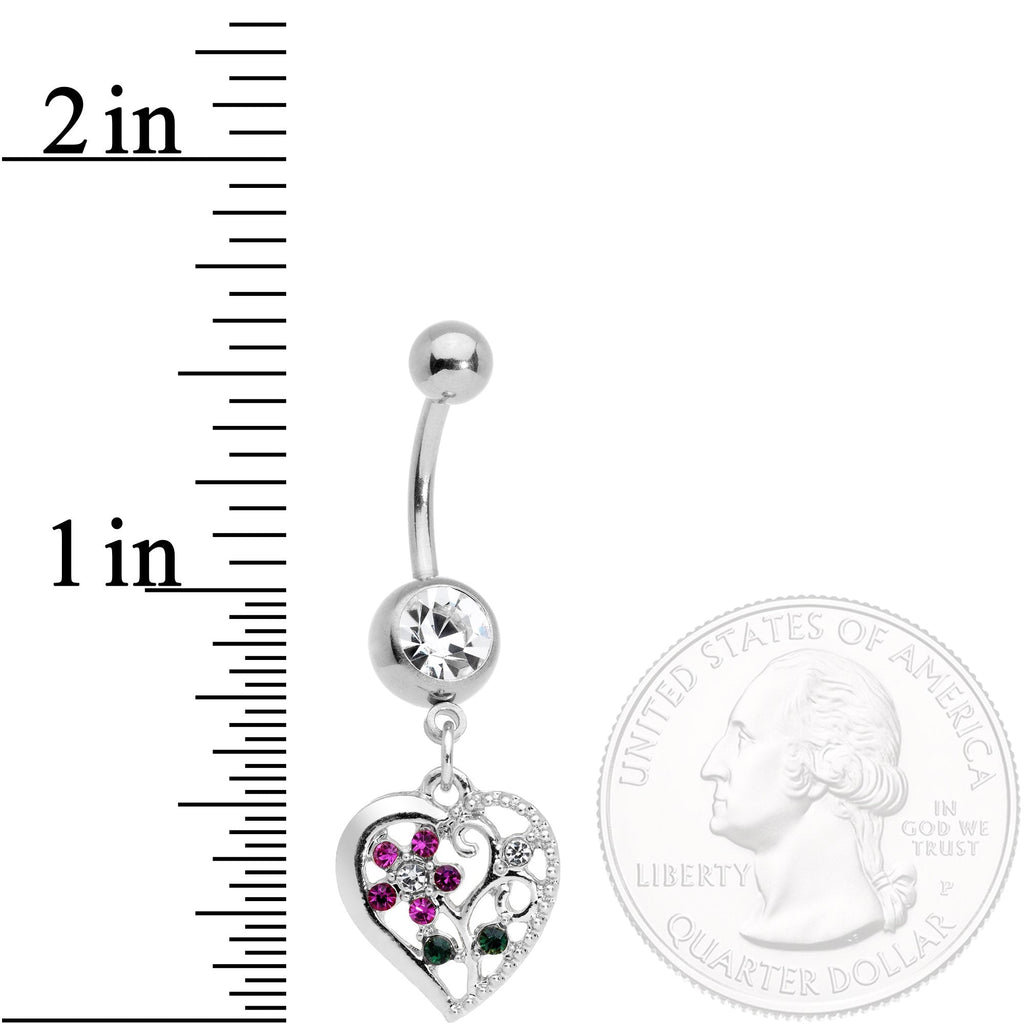 BodyCandy Clear Purple Gem Heart Spring Flower Dangle Belly Ring — detail close-up