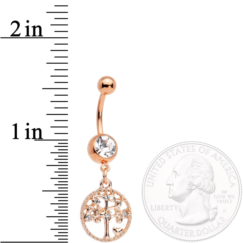 BodyCandy Clear Gem Rose Gold Tone Tree of Life Dangle Belly Ring — detail close-up