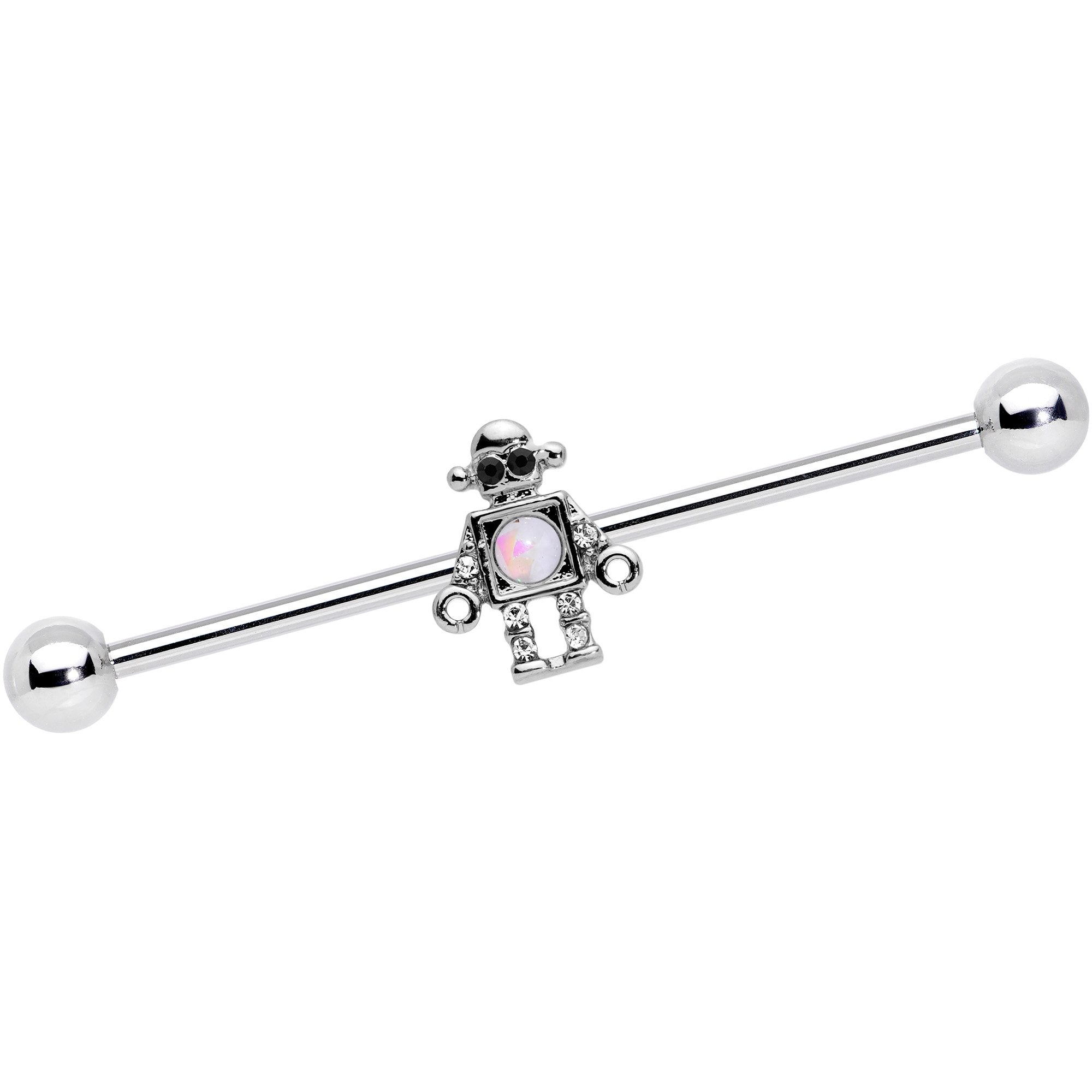 BodyCandy 14G White Faux Opal Rock Out Robot Industrial Barbell 38mm — main product shot