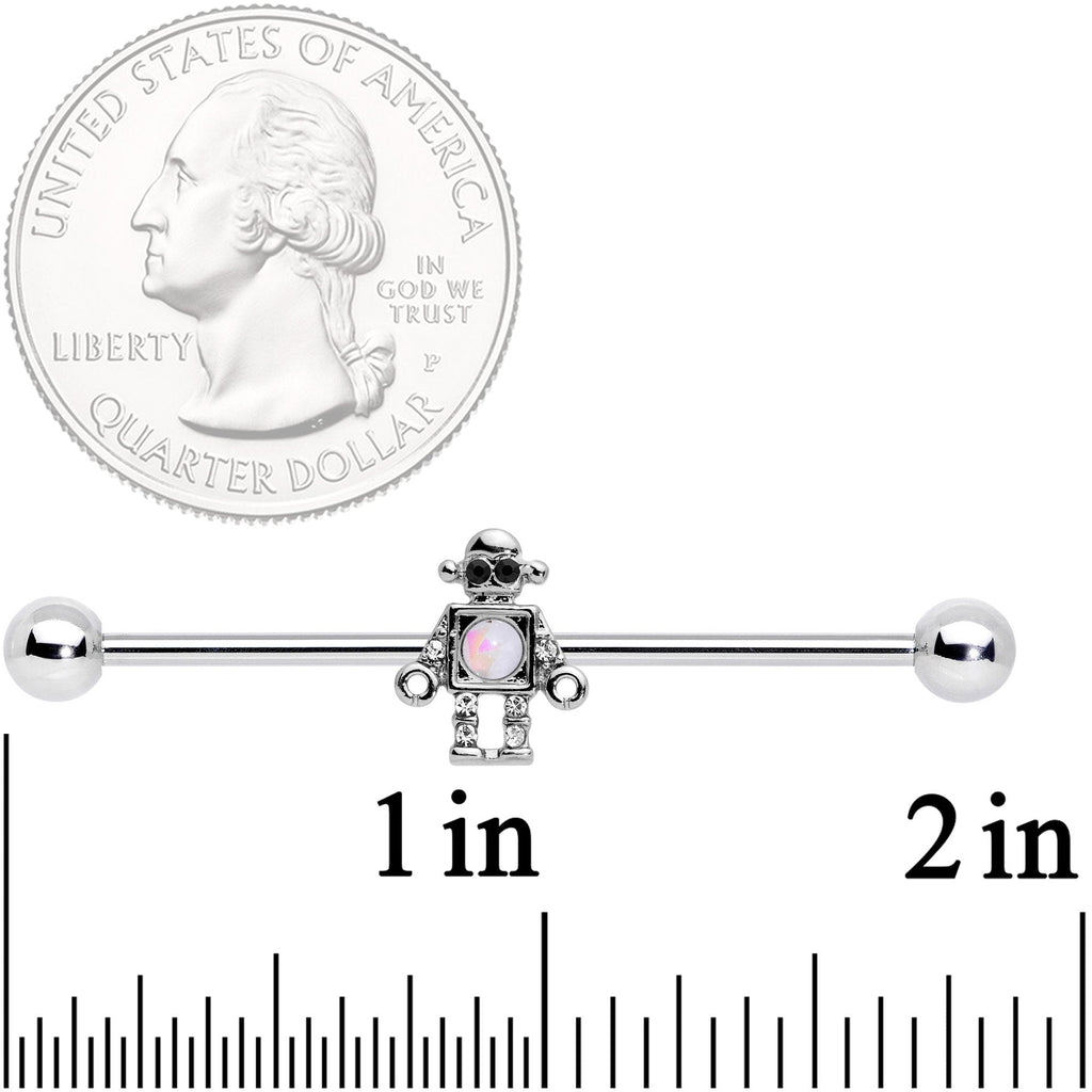 BodyCandy 14G White Faux Opal Rock Out Robot Industrial Barbell 38mm — detail close-up