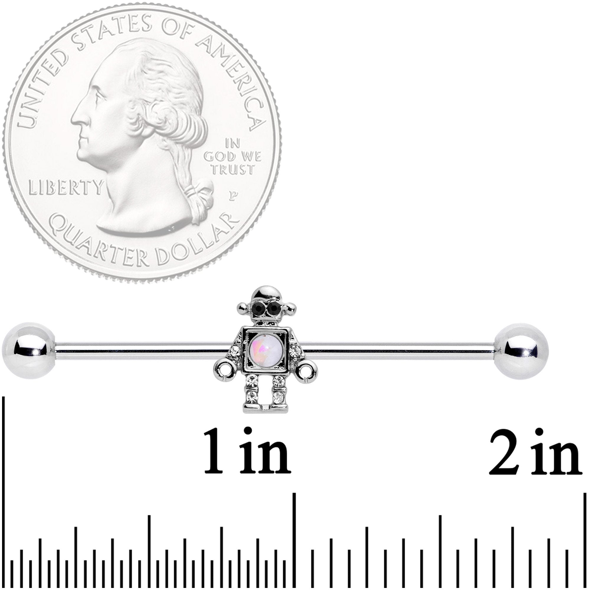BodyCandy 14G White Faux Opal Rock Out Robot Industrial Barbell 38mm — detail close-up