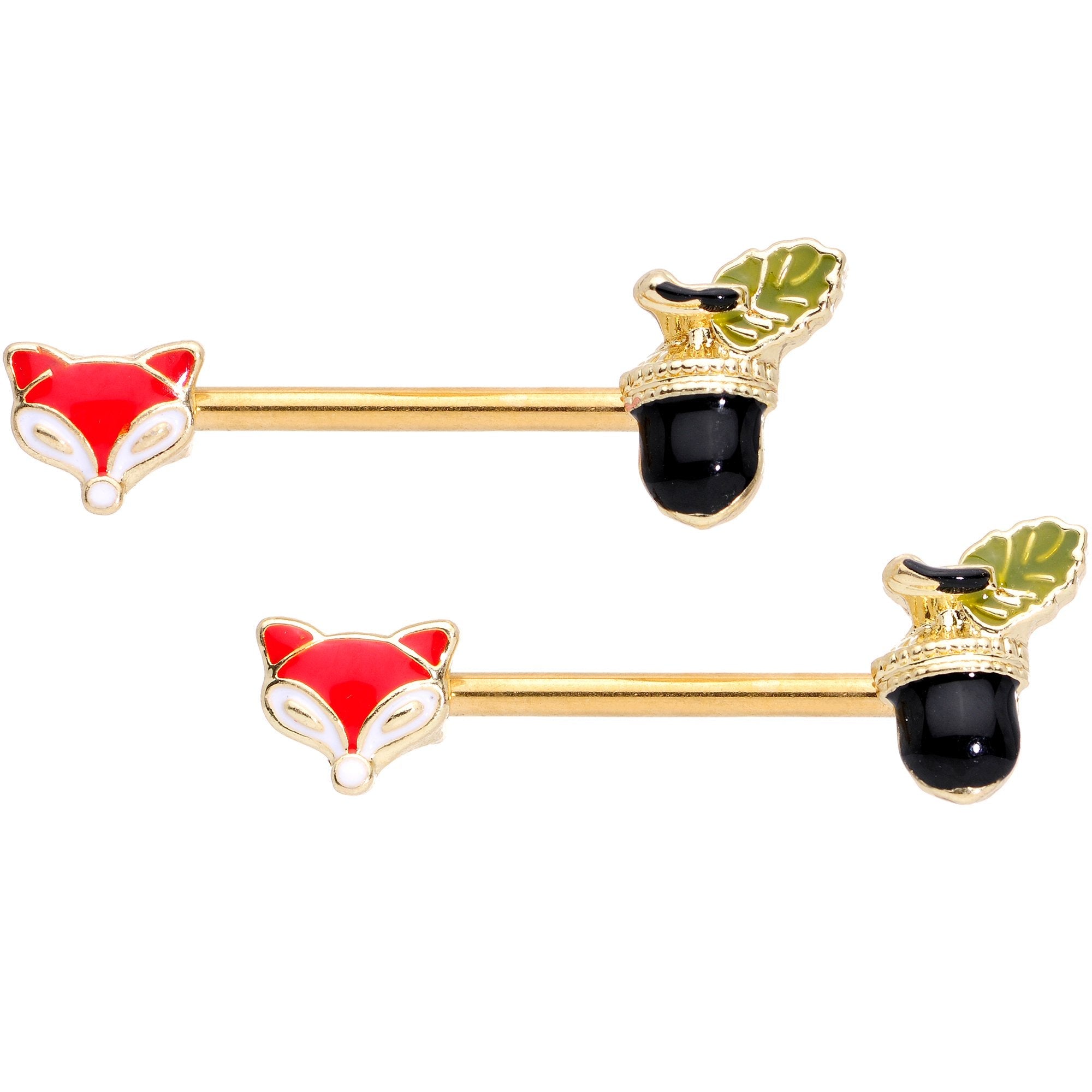 BodyCandy 14G 9/16 Gold Tone Fox and Acorn Barbell Nipple Ring Set — main product shot