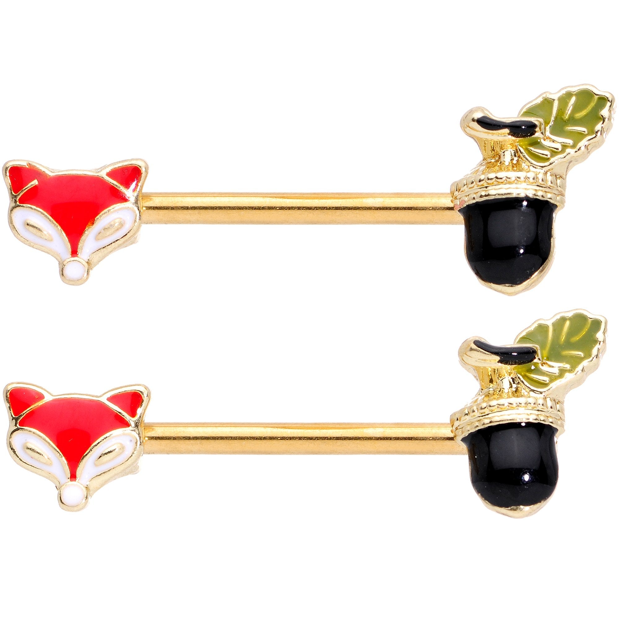 BodyCandy 14G 9/16 Gold Tone Fox and Acorn Barbell Nipple Ring Set — detail and construction