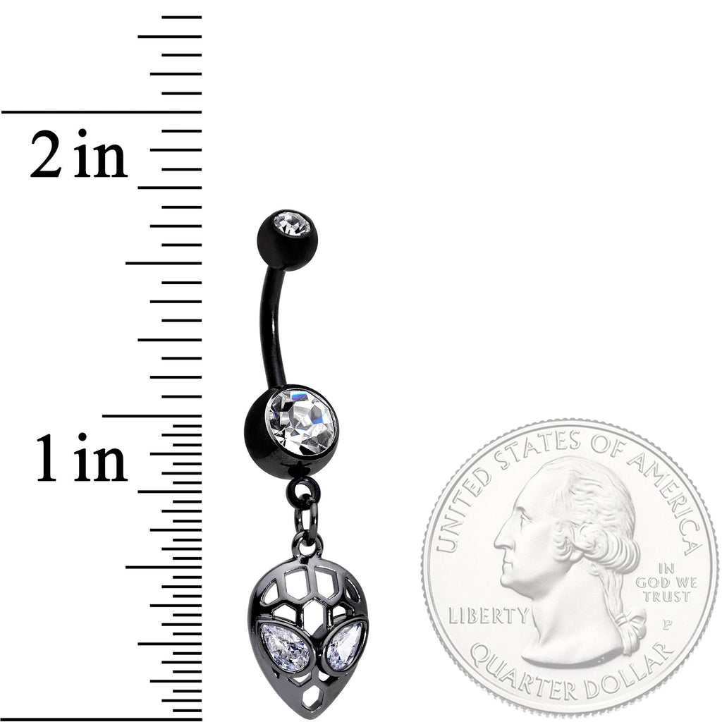 BodyCandy Clear CZ Gem Black Openwork Alien Dangle Belly Ring — detail and construction