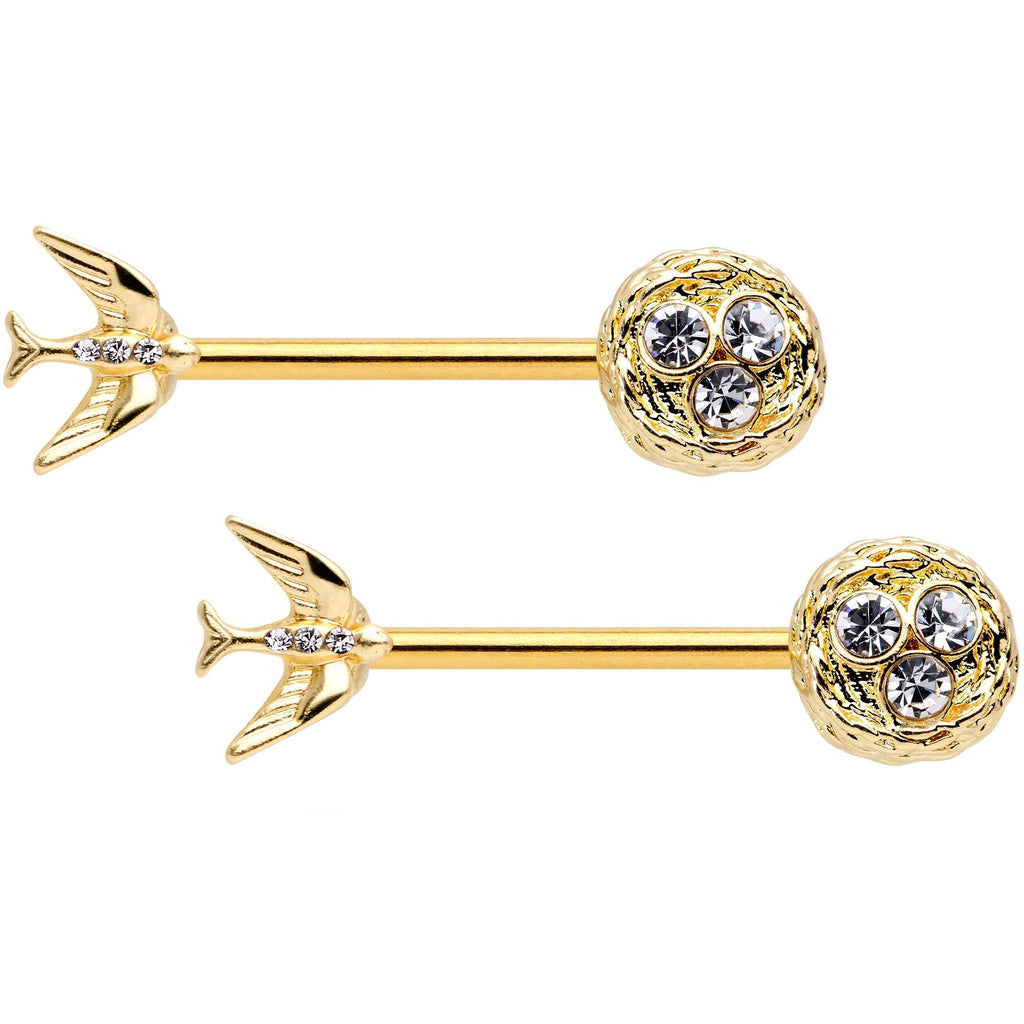 BodyCandy 14G 9/16 Clear Gem Gold Tone Birds Nest Nipple Ring Set — main product shot