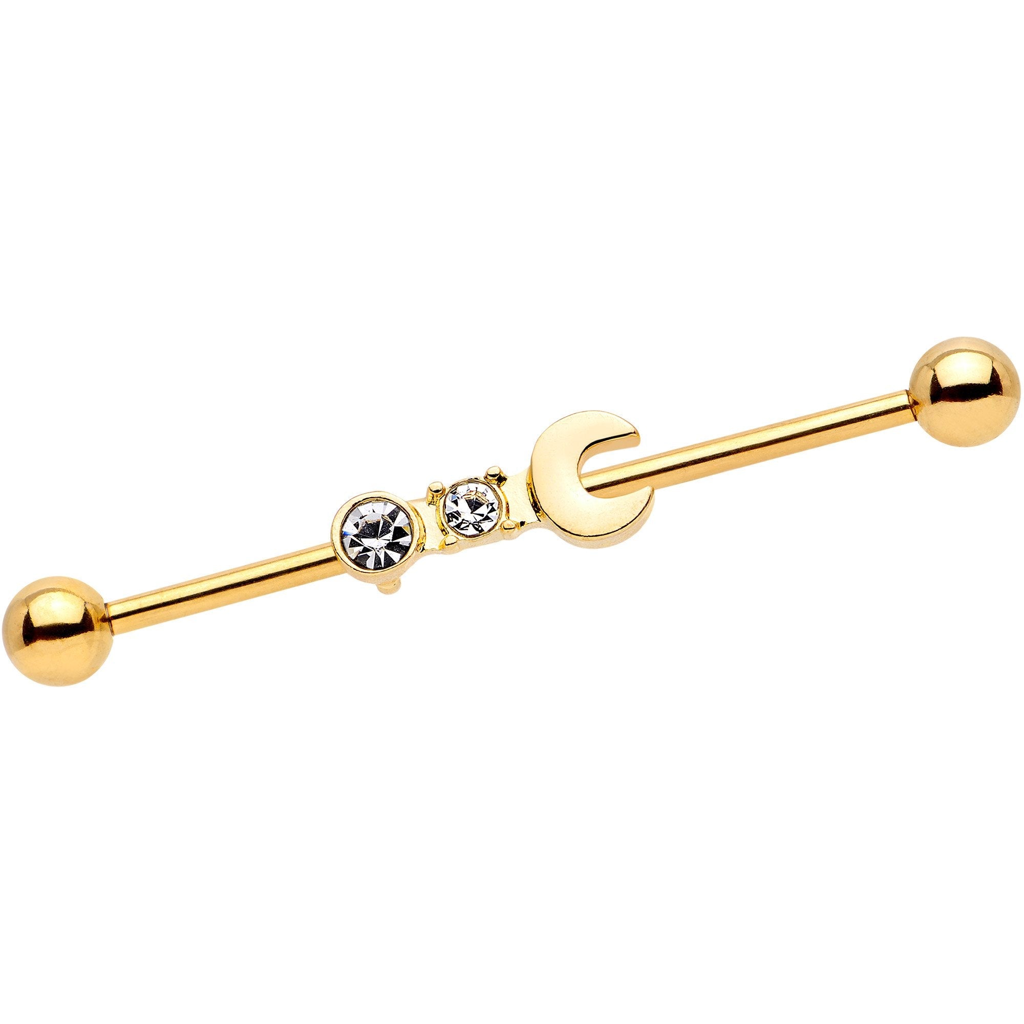 BodyCandy 14G Clear Gem Gold Tone Crescent Wrench Industrial Barbell 38mm — main product shot