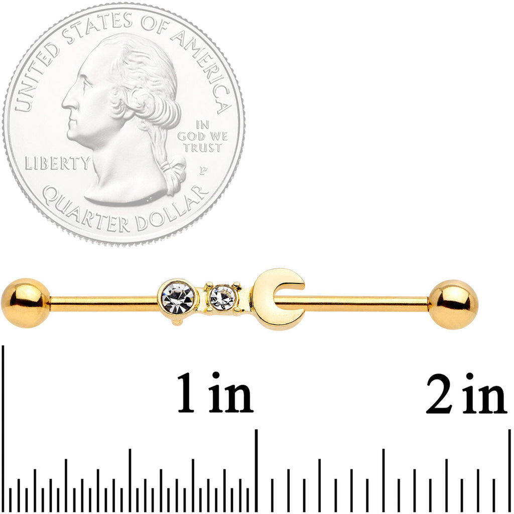BodyCandy 14G Clear Gem Gold Tone Crescent Wrench Industrial Barbell 38mm — detail close-up
