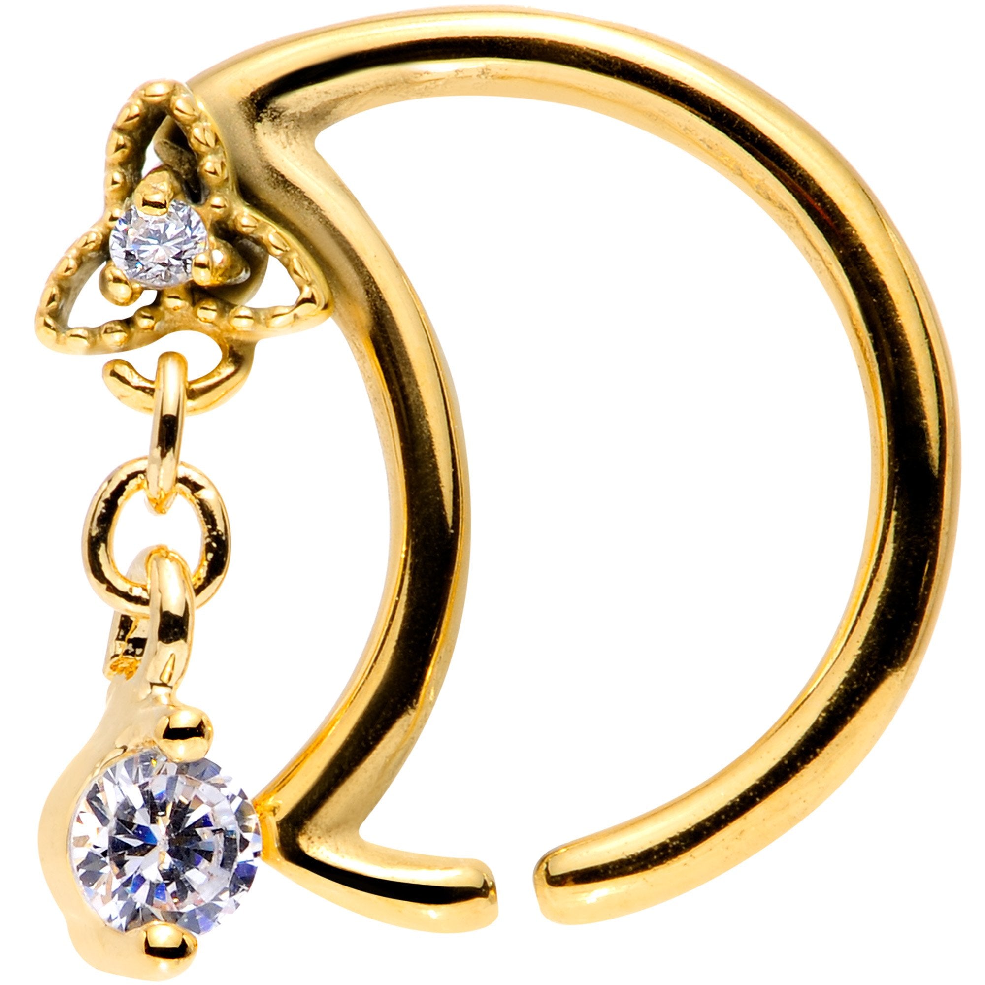 BodyCandy 16G 3/8 Clear CZ Gem Gold Tone Crescent Moon Dangle Closure Ring — main product shot