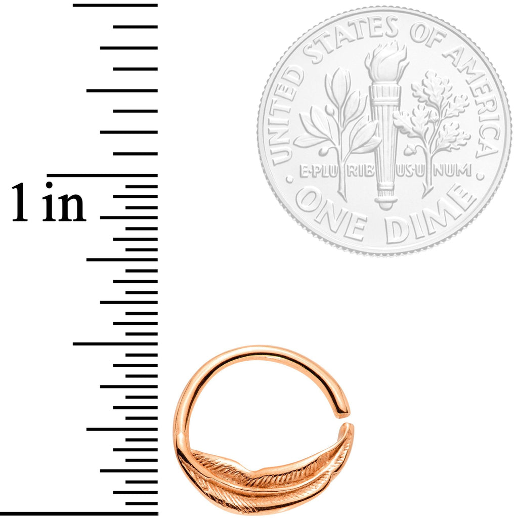 BodyCandy 16G 3/8 Rose Gold Tone Feather Closure Ring — detail close-up