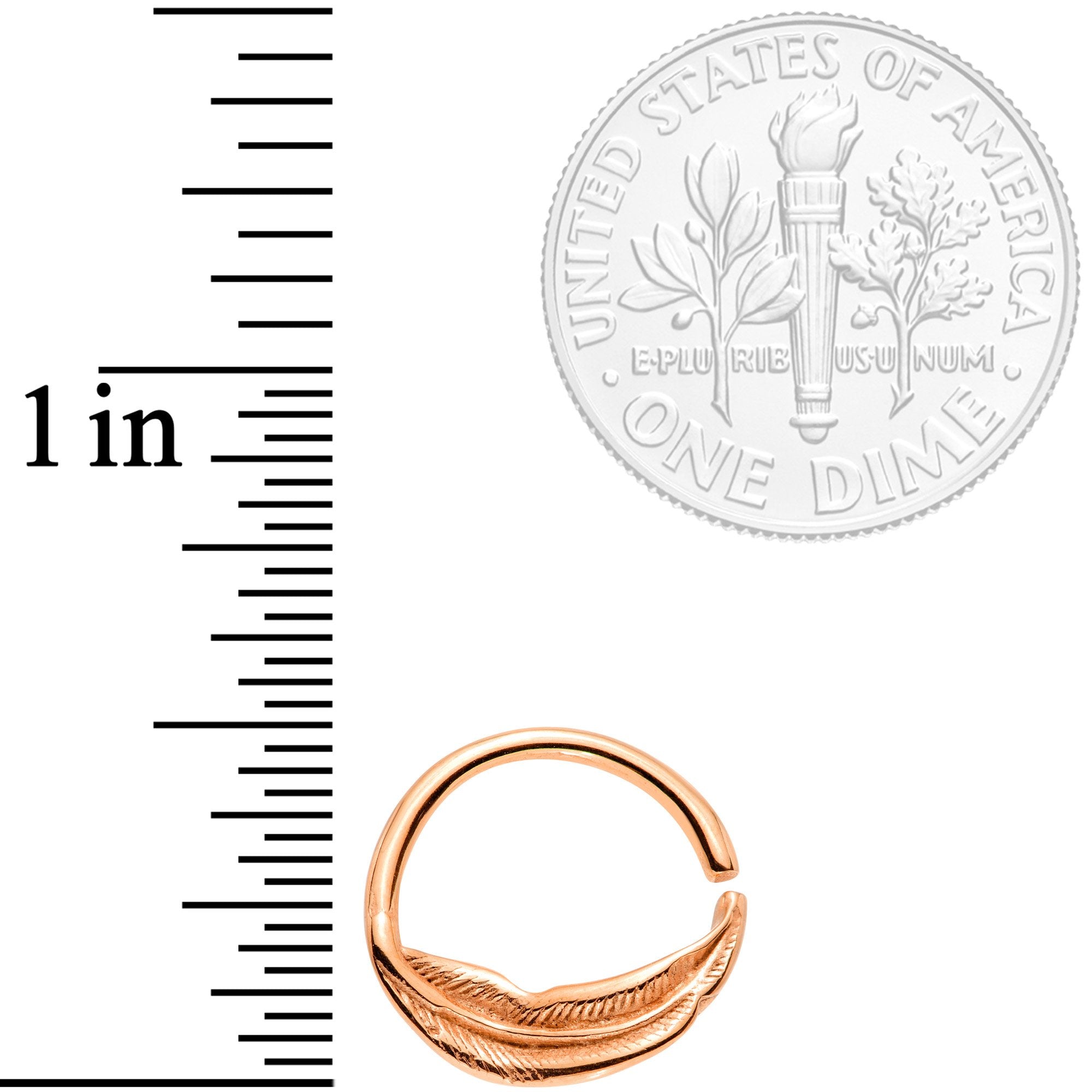 BodyCandy 16G 3/8 Rose Gold Tone Feather Closure Ring — detail close-up