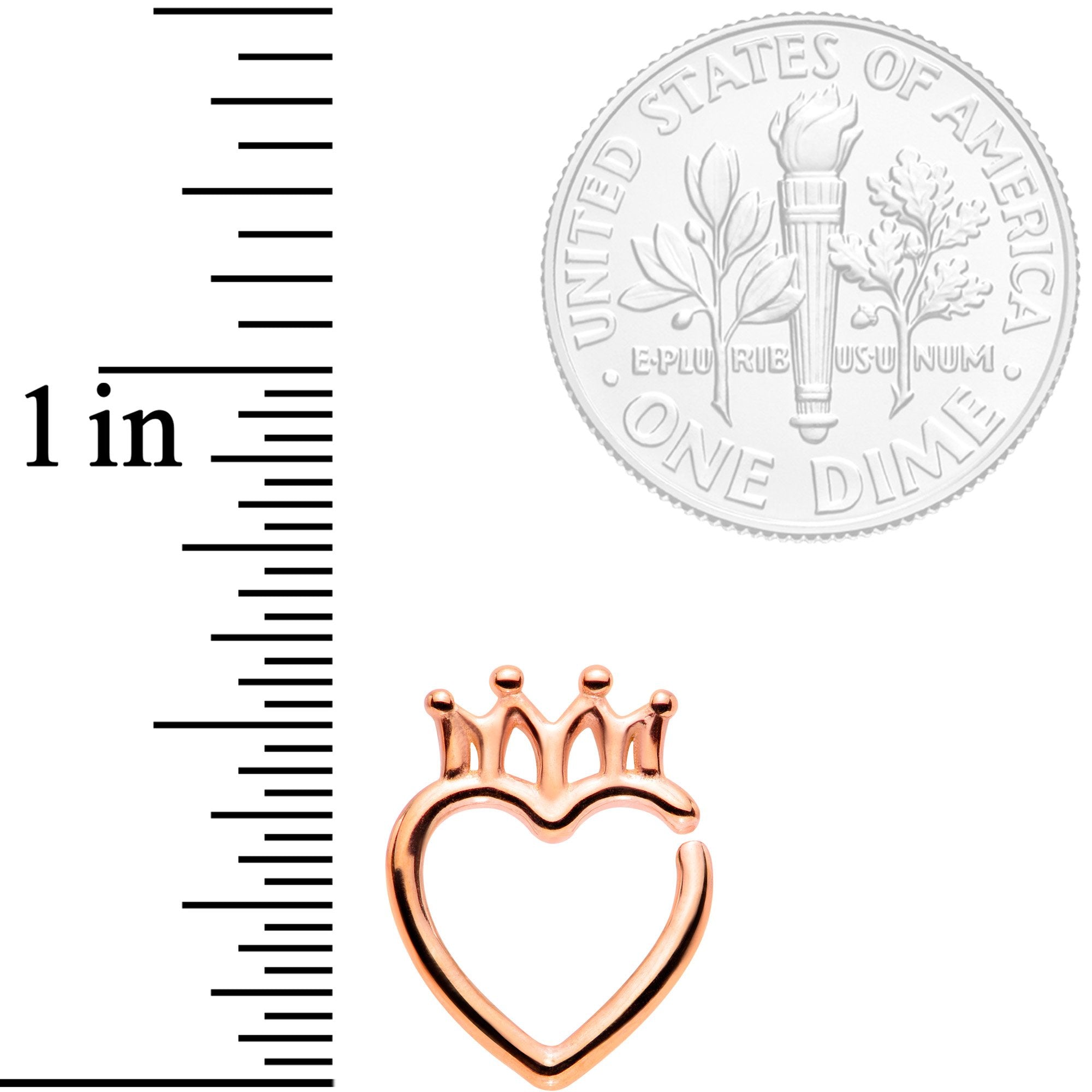 BodyCandy 16G 5/16 Rose Gold Tone Royal Crown Heart Right Ear Closure Ring — detail close-up