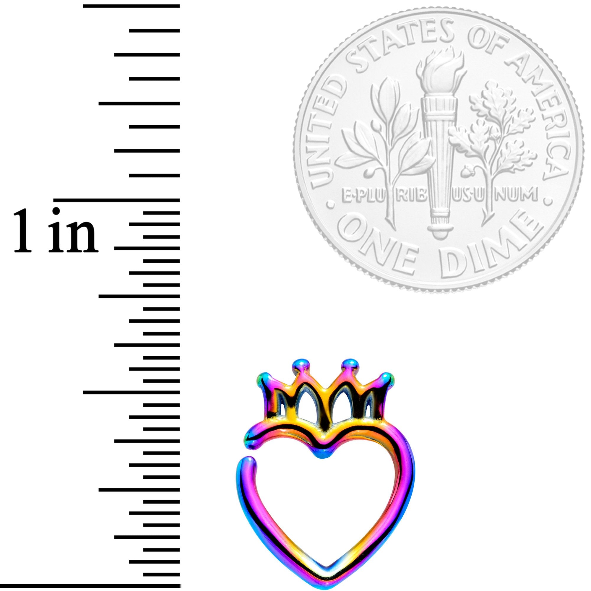BodyCandy 16G 5/16 Rainbow Royal Crown Heart Left Ear Closure Ring — detail close-up