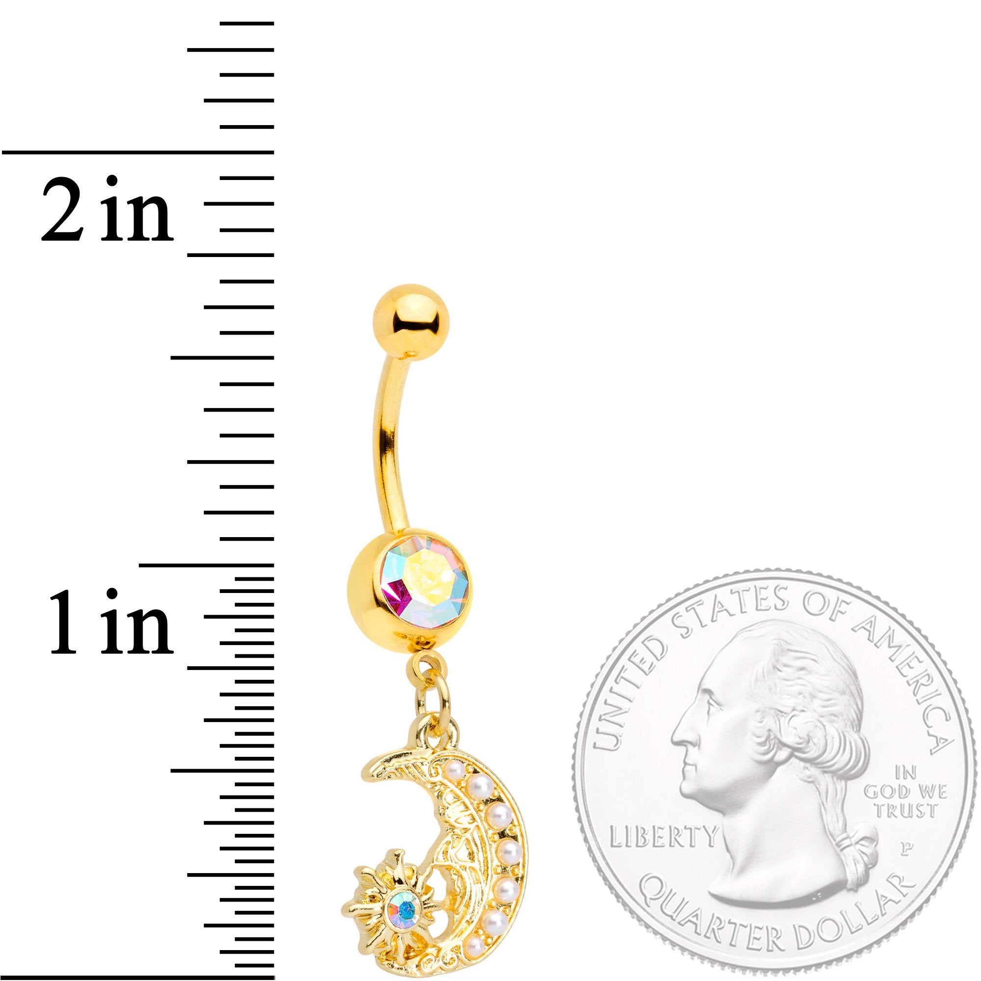 BodyCandy Aurora Gem Gold Tone Peaceful Night Star Moon Dangle Belly Ring — detail and construction