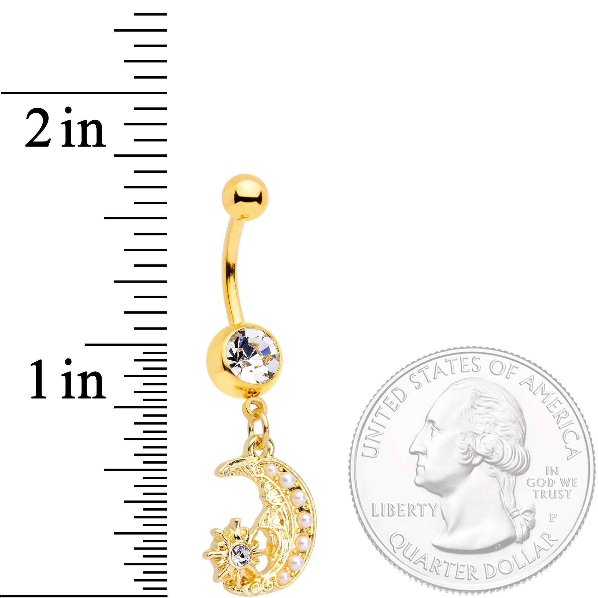 BodyCandy Clear Gem Gold Tone Peaceful Night Star Moon Dangle Belly Ring — detail and construction