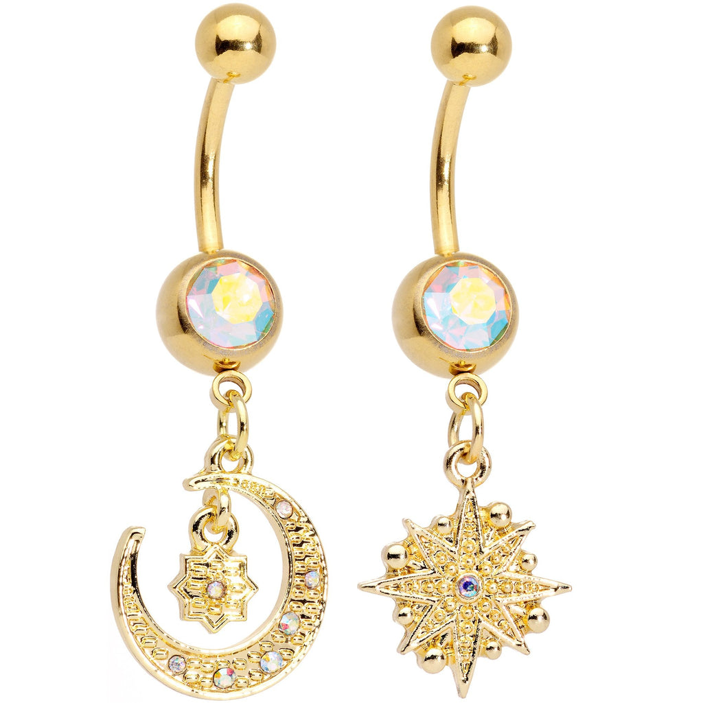 BodyCandy Aurora Gem Gold Tone Celestial Star Moon Dangle Belly Ring Set — main product shot