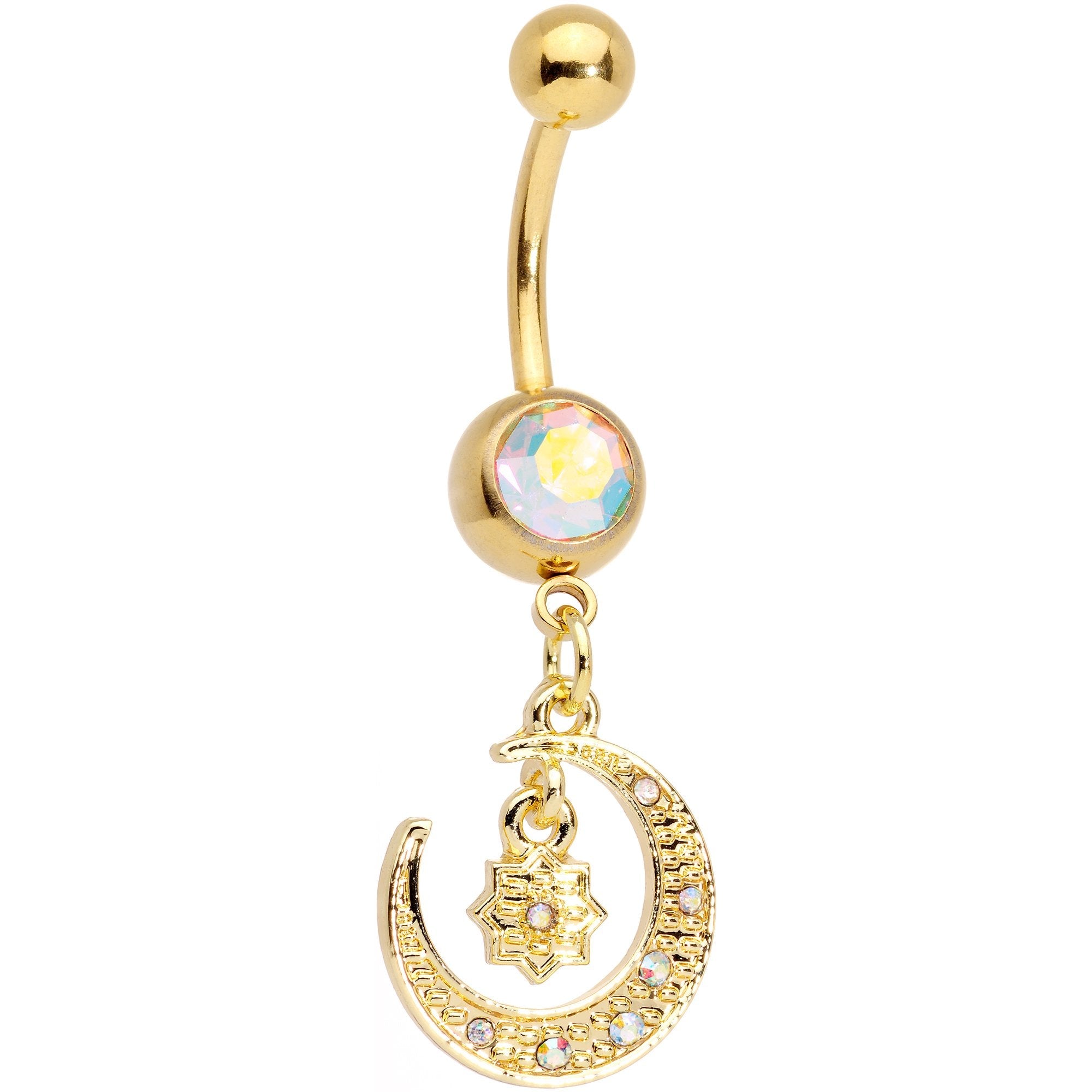BodyCandy Aurora Gem Gold Tone Celestial Star Moon Dangle Belly Ring Set — detail and construction