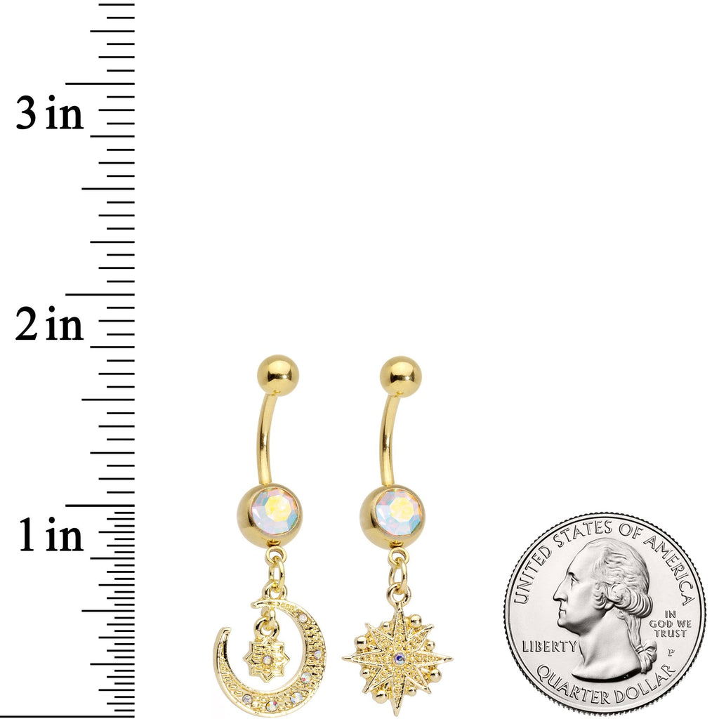 BodyCandy Aurora Gem Gold Tone Celestial Star Moon Dangle Belly Ring Set — branding close-up