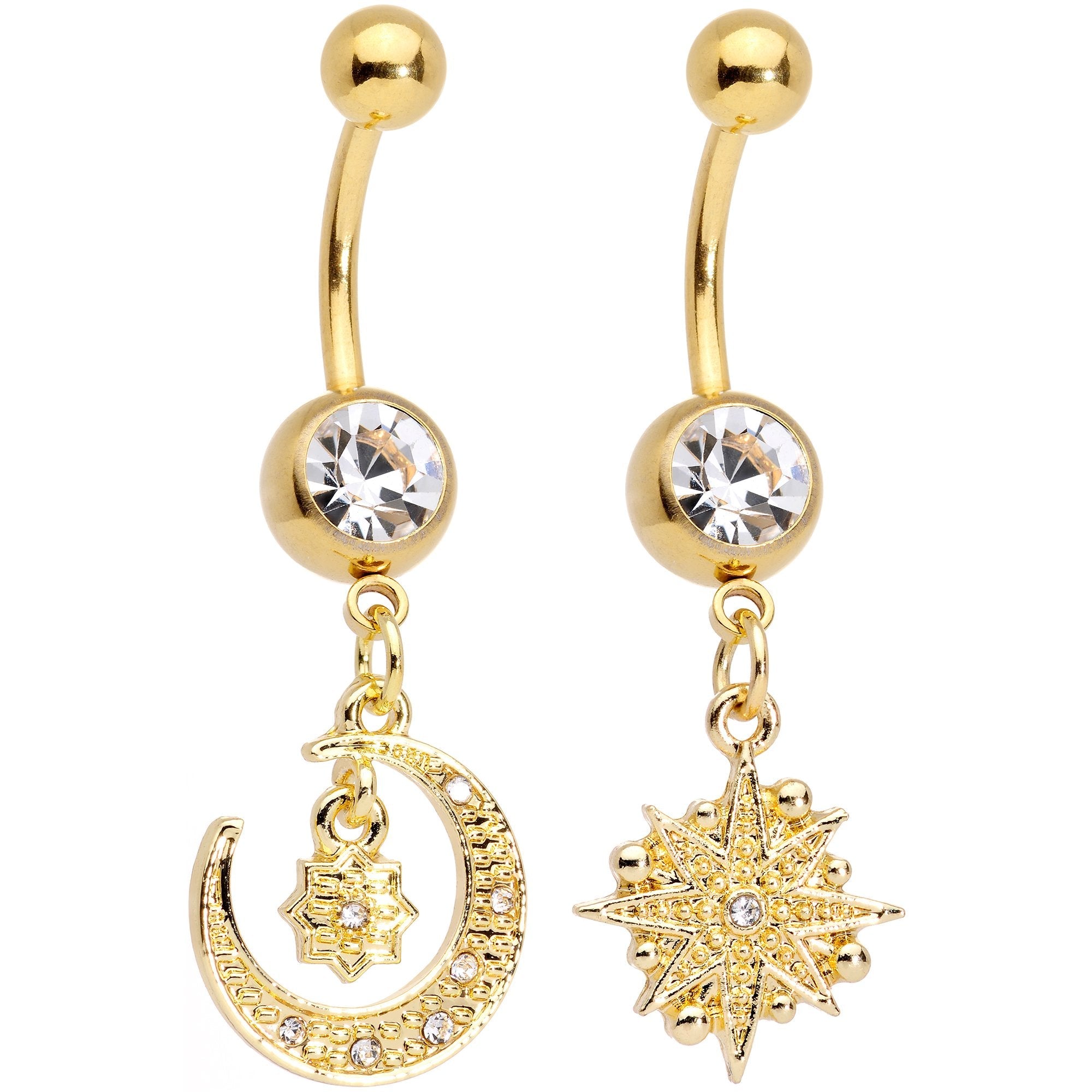 BodyCandy Clear Gem Gold Tone Celestial Star Moon Dangle Belly Ring Set — main product shot
