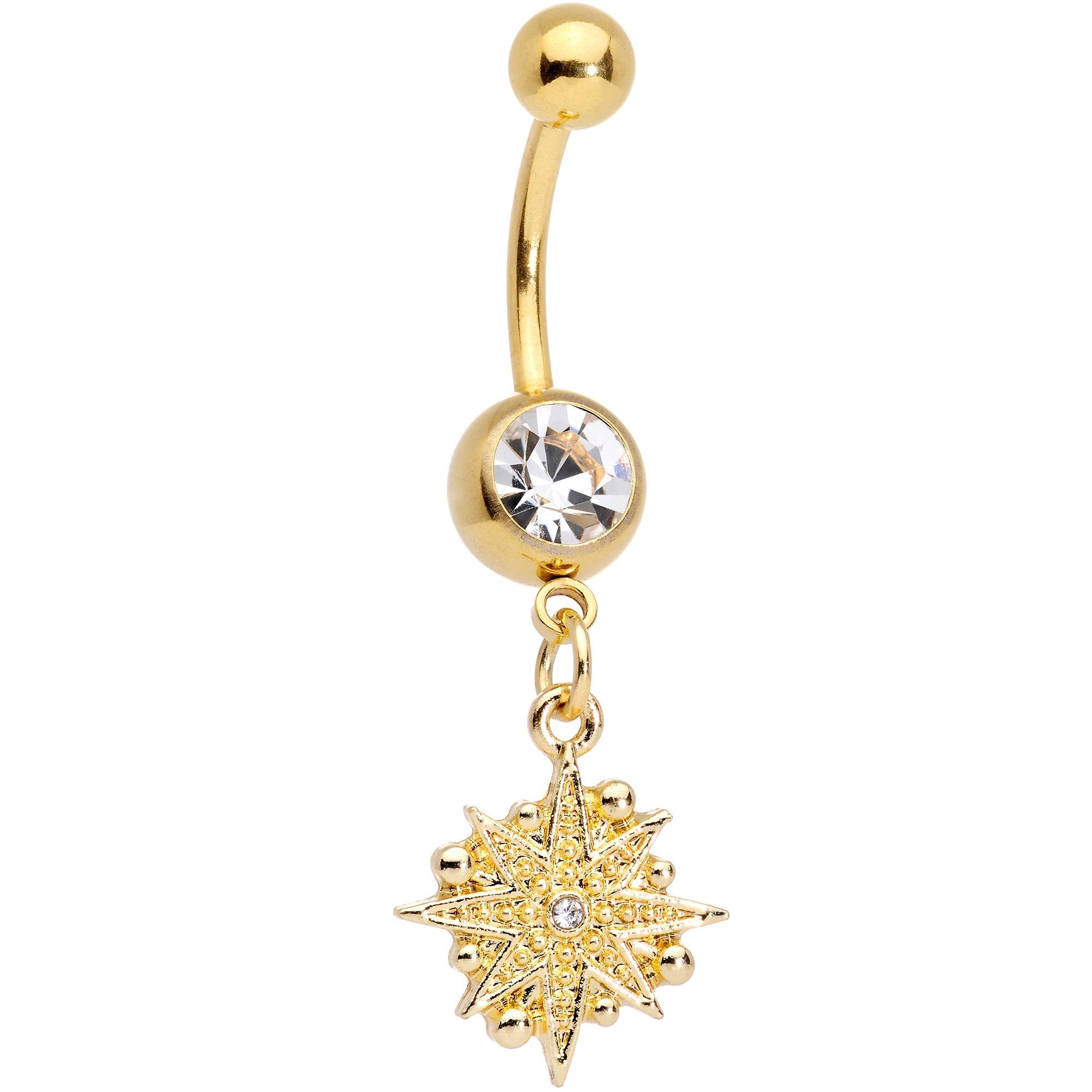 BodyCandy Clear Gem Gold Tone Celestial Star Moon Dangle Belly Ring Set — detail and construction