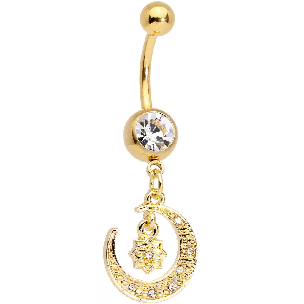 BodyCandy Clear Gem Gold Tone Celestial Star Moon Dangle Belly Ring Set — lifestyle context