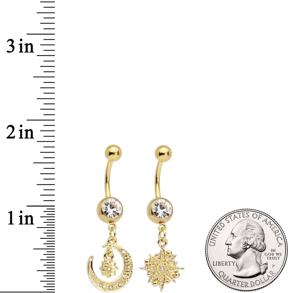 BodyCandy Clear Gem Gold Tone Celestial Star Moon Dangle Belly Ring Set — branding close-up