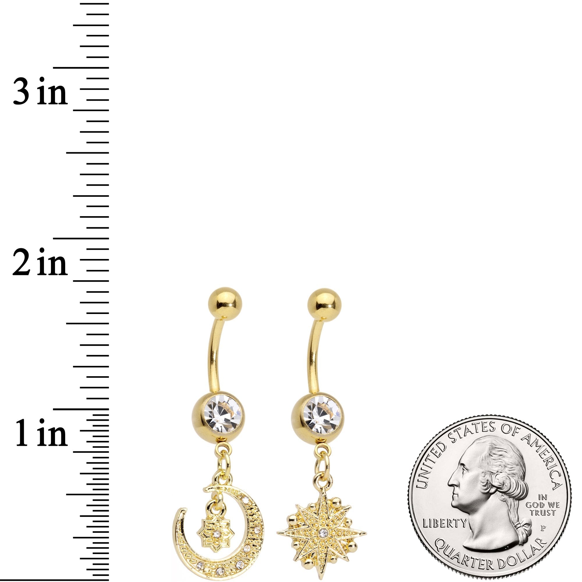 BodyCandy Clear Gem Gold Tone Celestial Star Moon Dangle Belly Ring Set — branding close-up