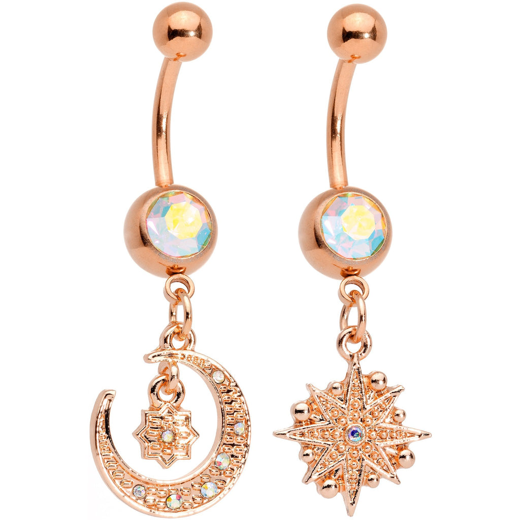 BodyCandy Aurora Gem Rose Gold Tone Celestial Star Moon Dangle Belly Ring Set — main product shot