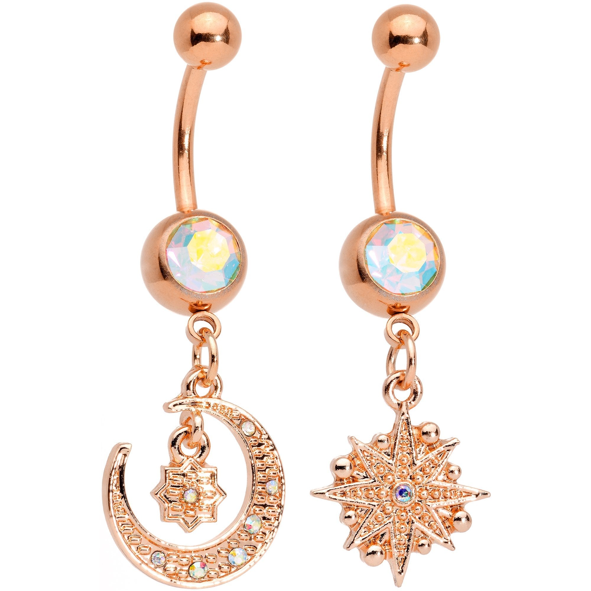 BodyCandy Aurora Gem Rose Gold Tone Celestial Star Moon Dangle Belly Ring Set — main product shot