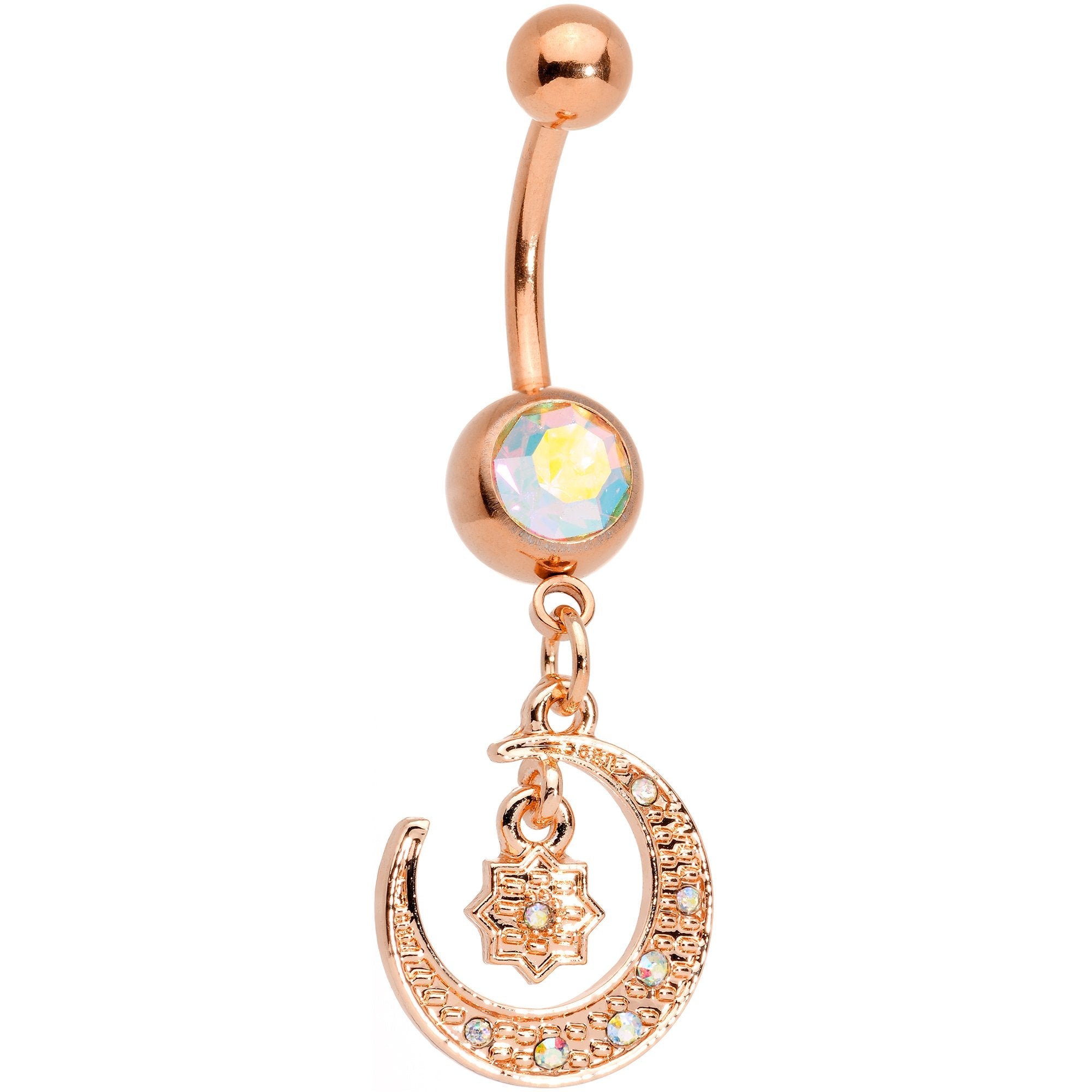 BodyCandy Aurora Gem Rose Gold Tone Celestial Star Moon Dangle Belly Ring Set — detail and construction
