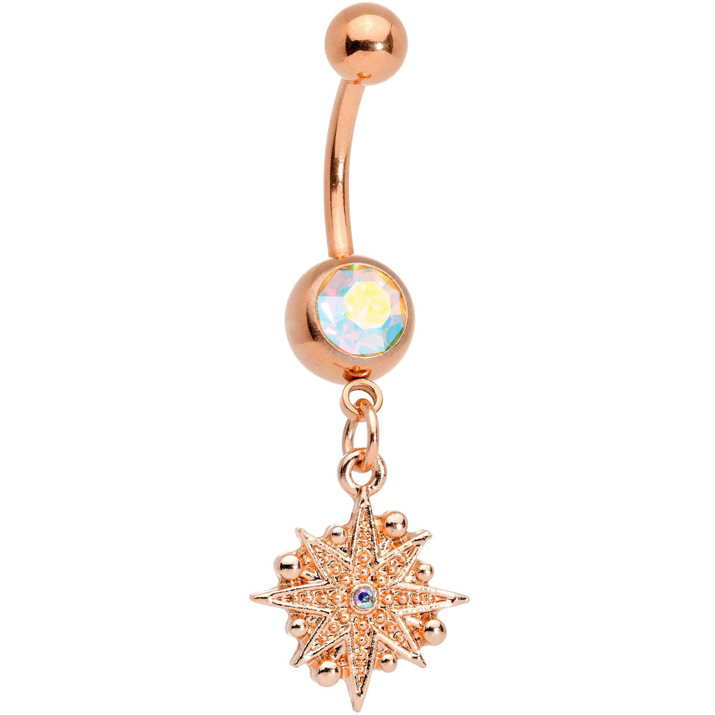 BodyCandy Aurora Gem Rose Gold Tone Celestial Star Moon Dangle Belly Ring Set — lifestyle context