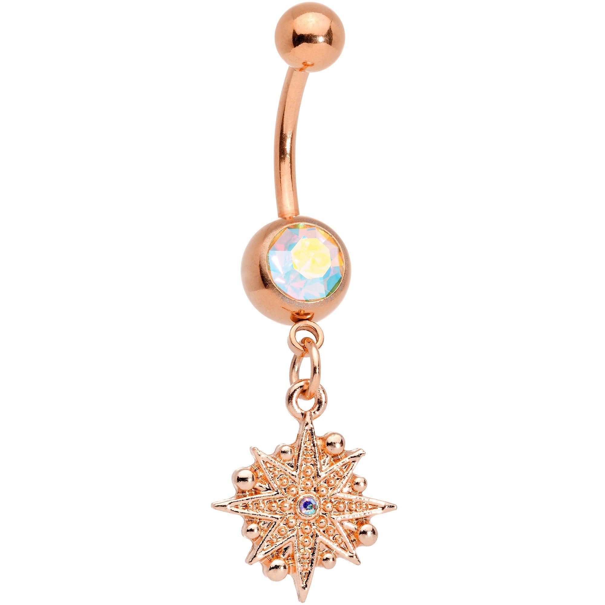 BodyCandy Aurora Gem Rose Gold Tone Celestial Star Moon Dangle Belly Ring Set — lifestyle context