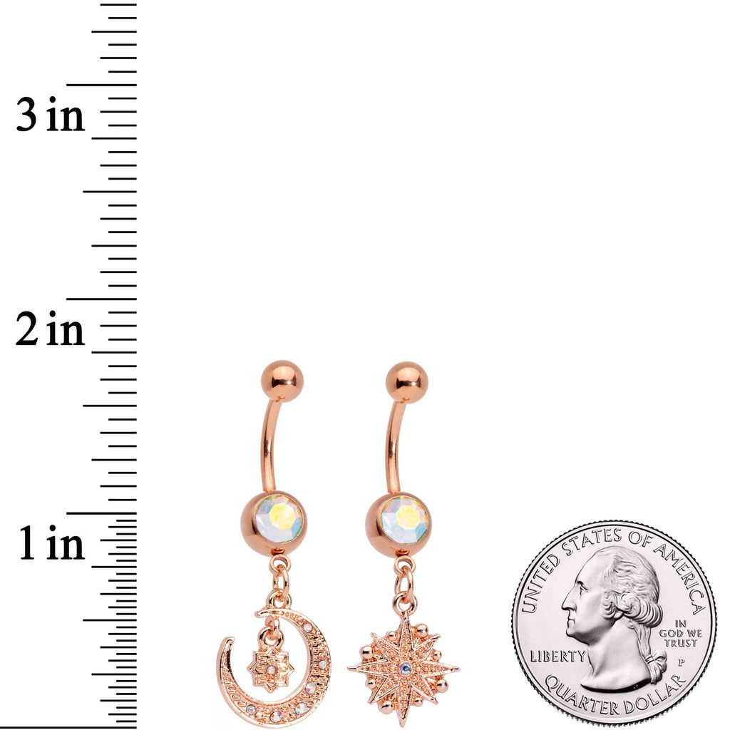 BodyCandy Aurora Gem Rose Gold Tone Celestial Star Moon Dangle Belly Ring Set — branding close-up