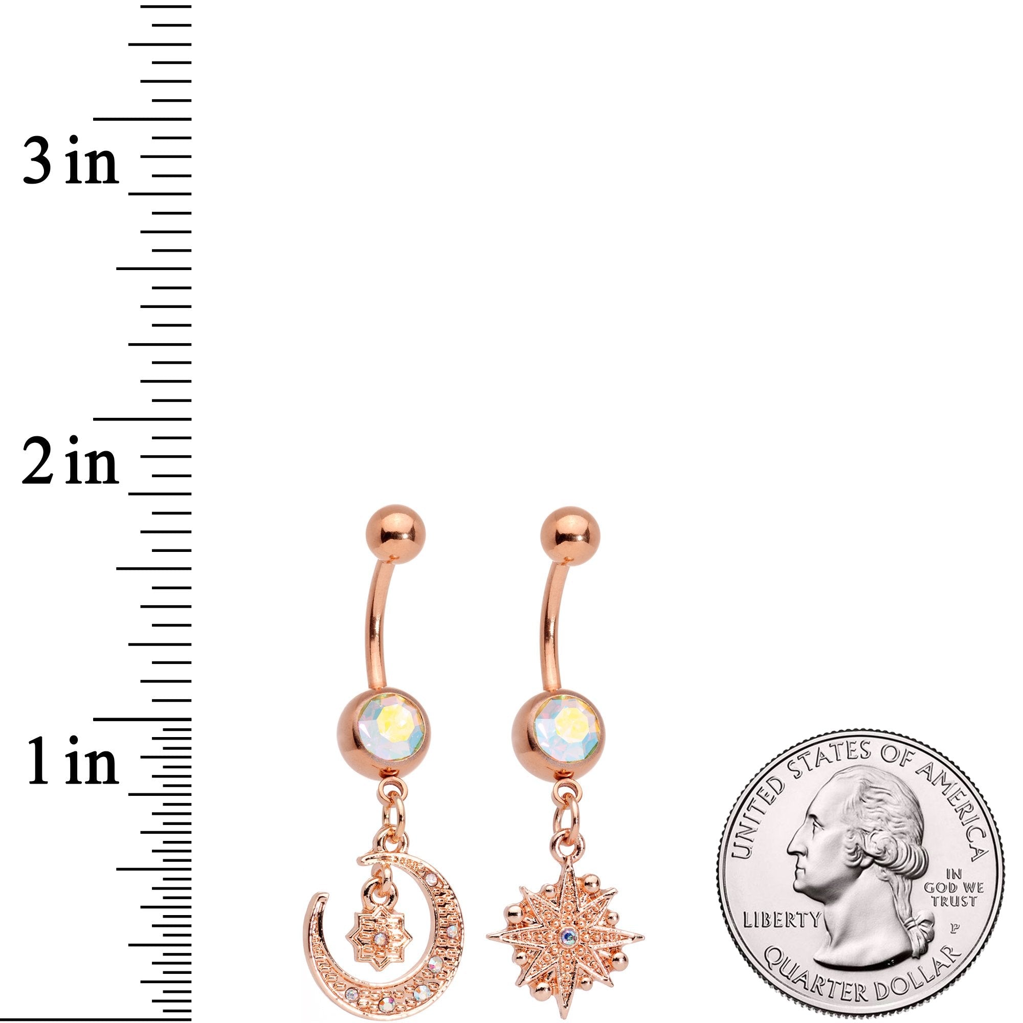 BodyCandy Aurora Gem Rose Gold Tone Celestial Star Moon Dangle Belly Ring Set — branding close-up