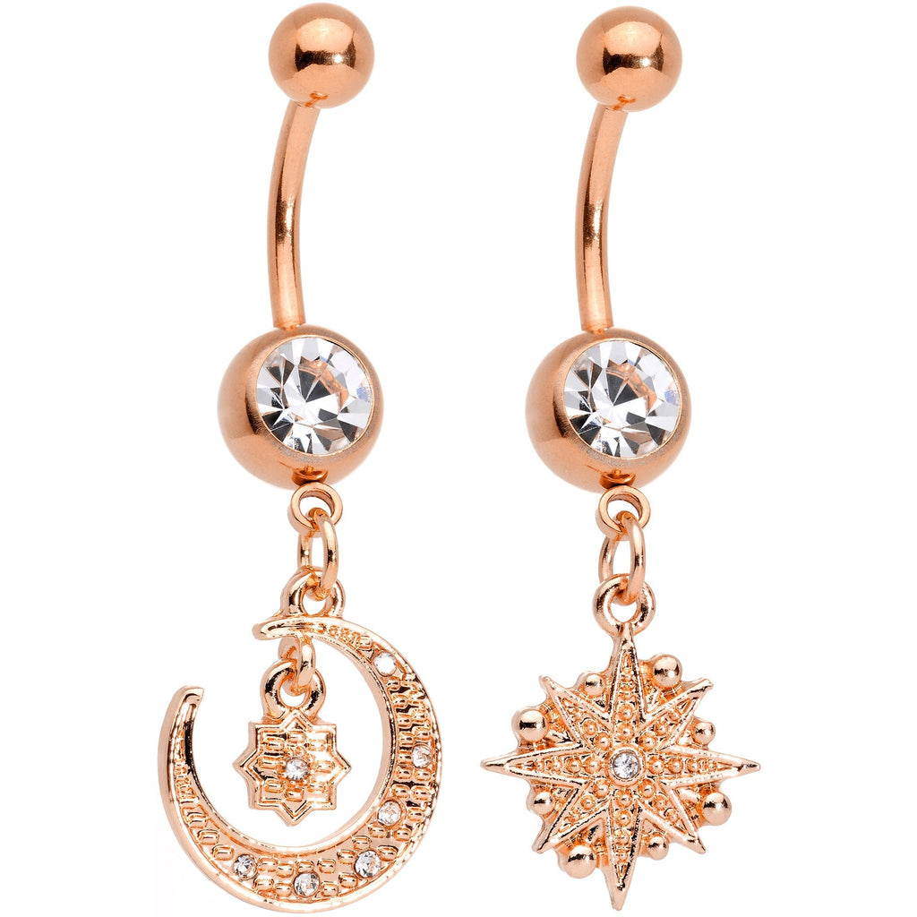 BodyCandy Clear Gem Rose Gold Tone Celestial Star Moon Dangle Belly Ring Set — main product shot