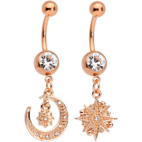 Clear Gem Rose Gold Tone Celestial Star Moon Dangle Belly Ring Set