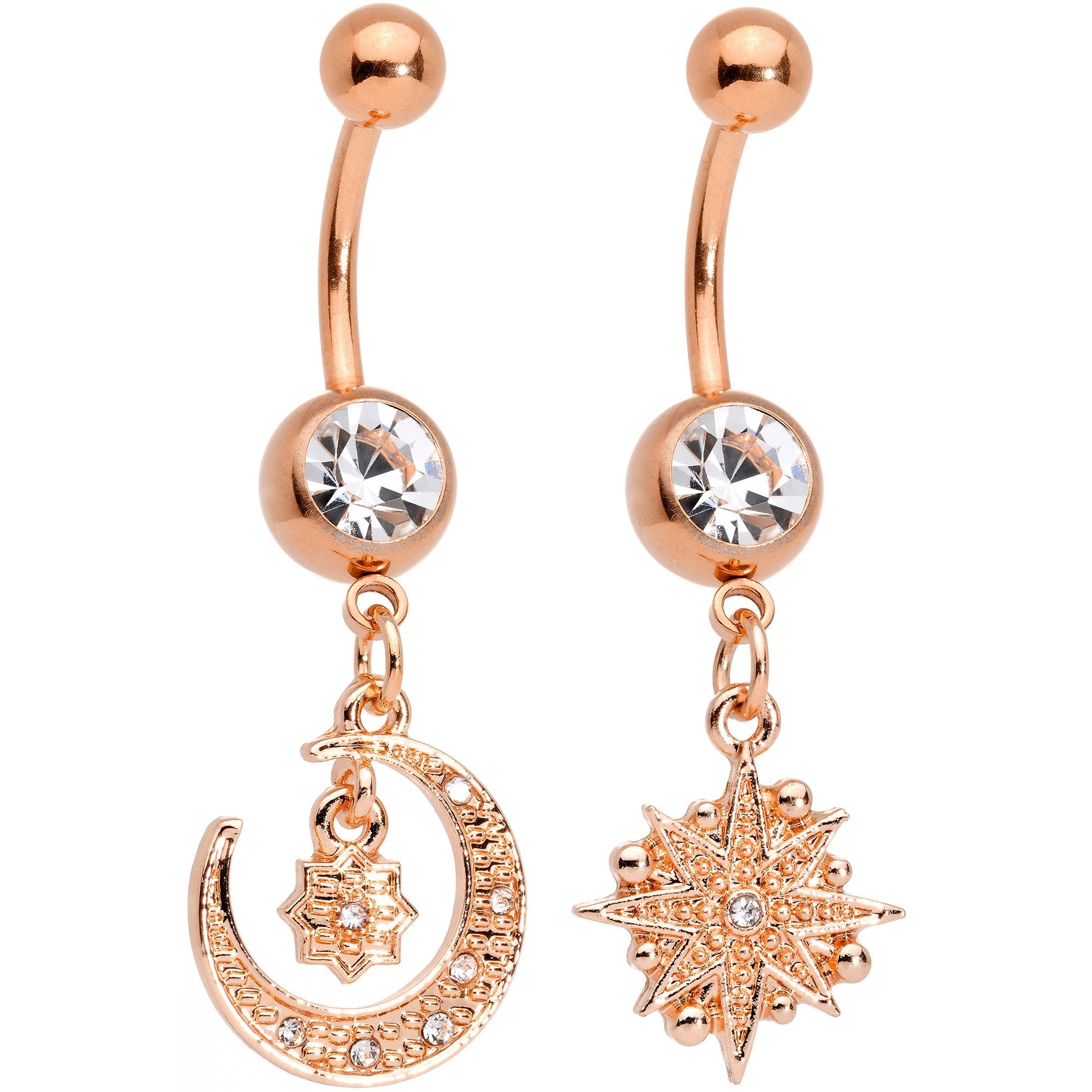 BodyCandy Clear Gem Rose Gold Tone Celestial Star Moon Dangle Belly Ring Set — main product shot