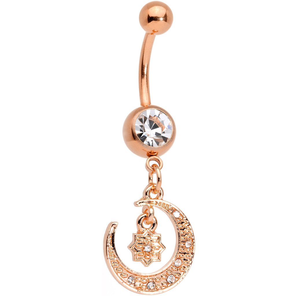 BodyCandy Clear Gem Rose Gold Tone Celestial Star Moon Dangle Belly Ring Set — detail and construction
