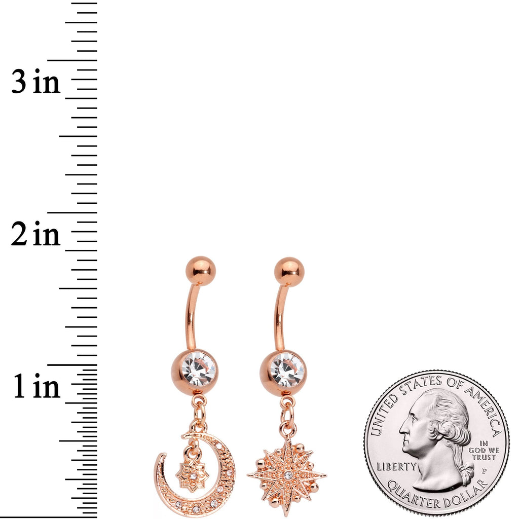 BodyCandy Clear Gem Rose Gold Tone Celestial Star Moon Dangle Belly Ring Set — branding close-up