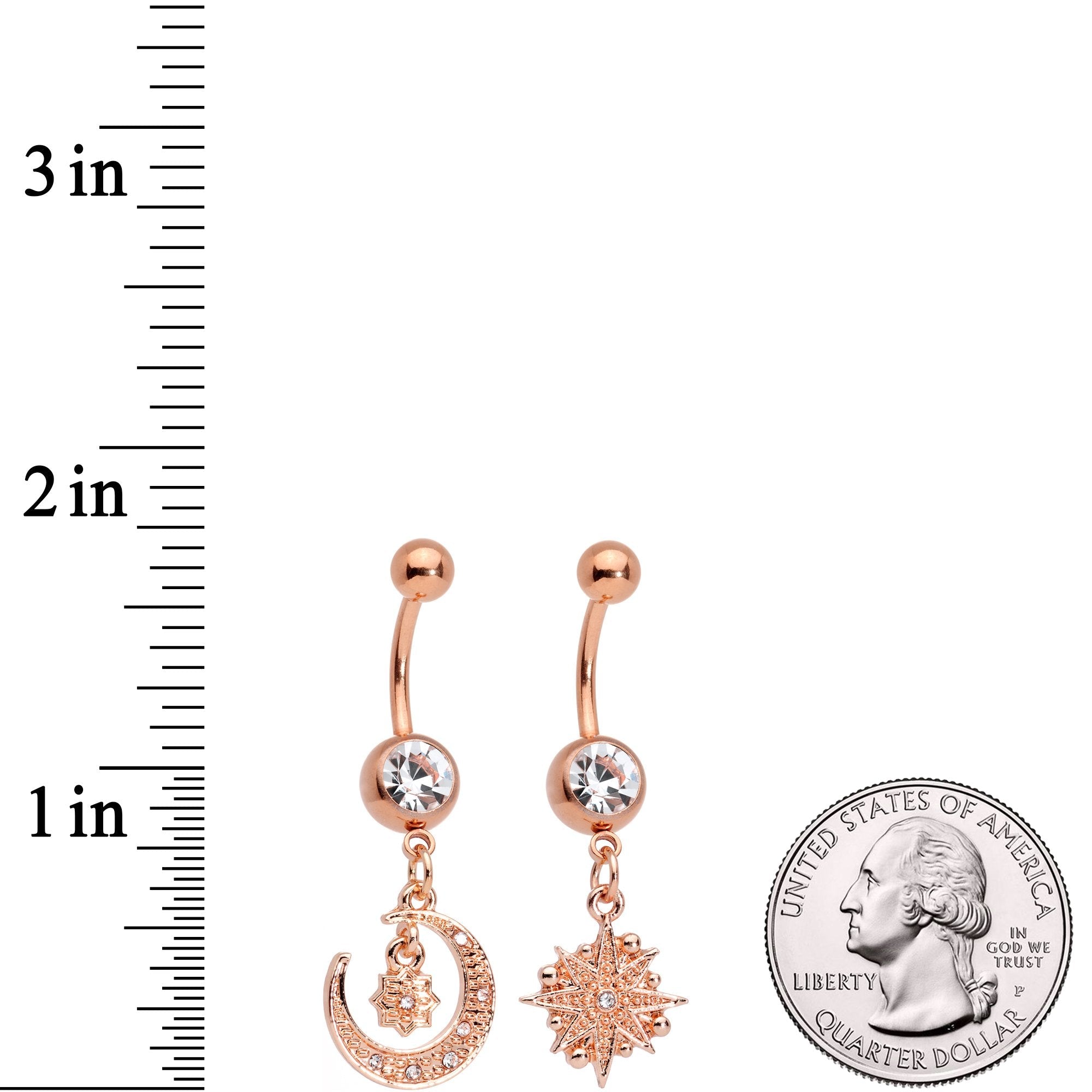 BodyCandy Clear Gem Rose Gold Tone Celestial Star Moon Dangle Belly Ring Set — branding close-up