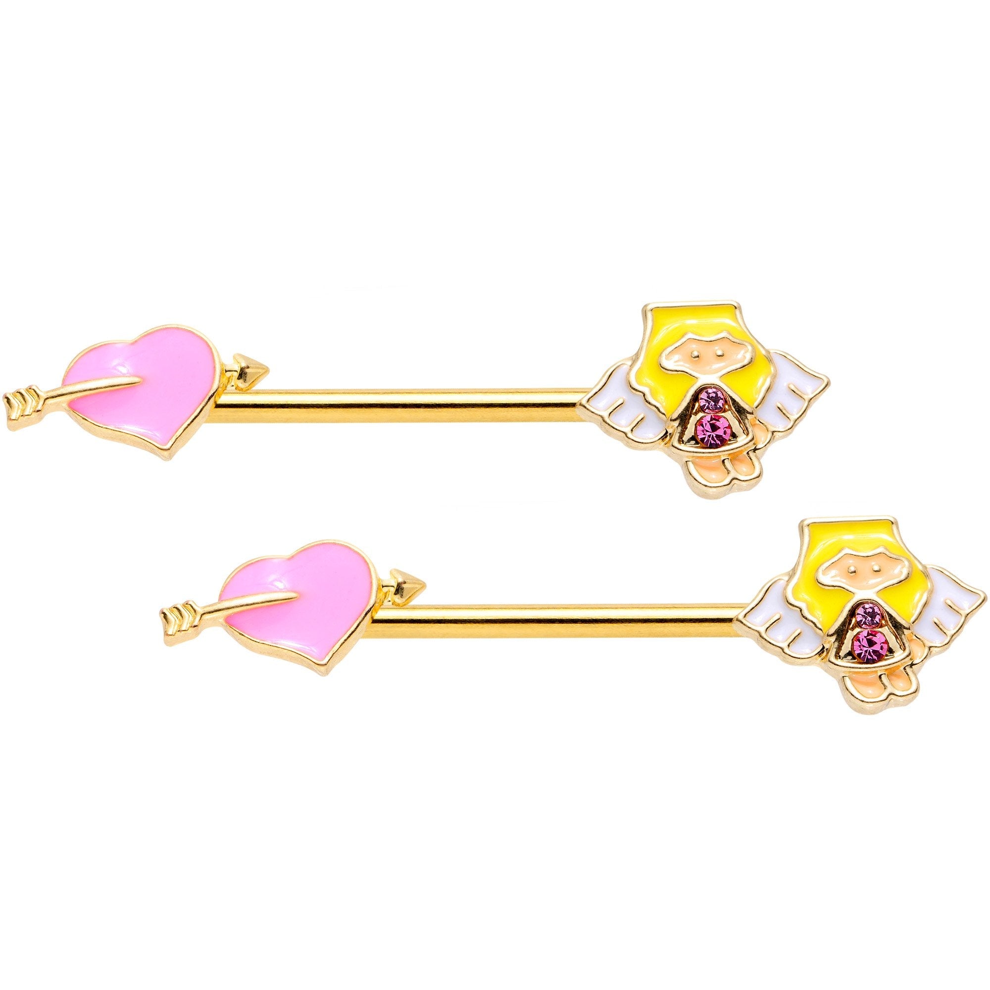 BodyCandy 14G 9/16 Pink Gem Heart Cupid Gold Tone Barbell Nipple Ring Set — main product shot