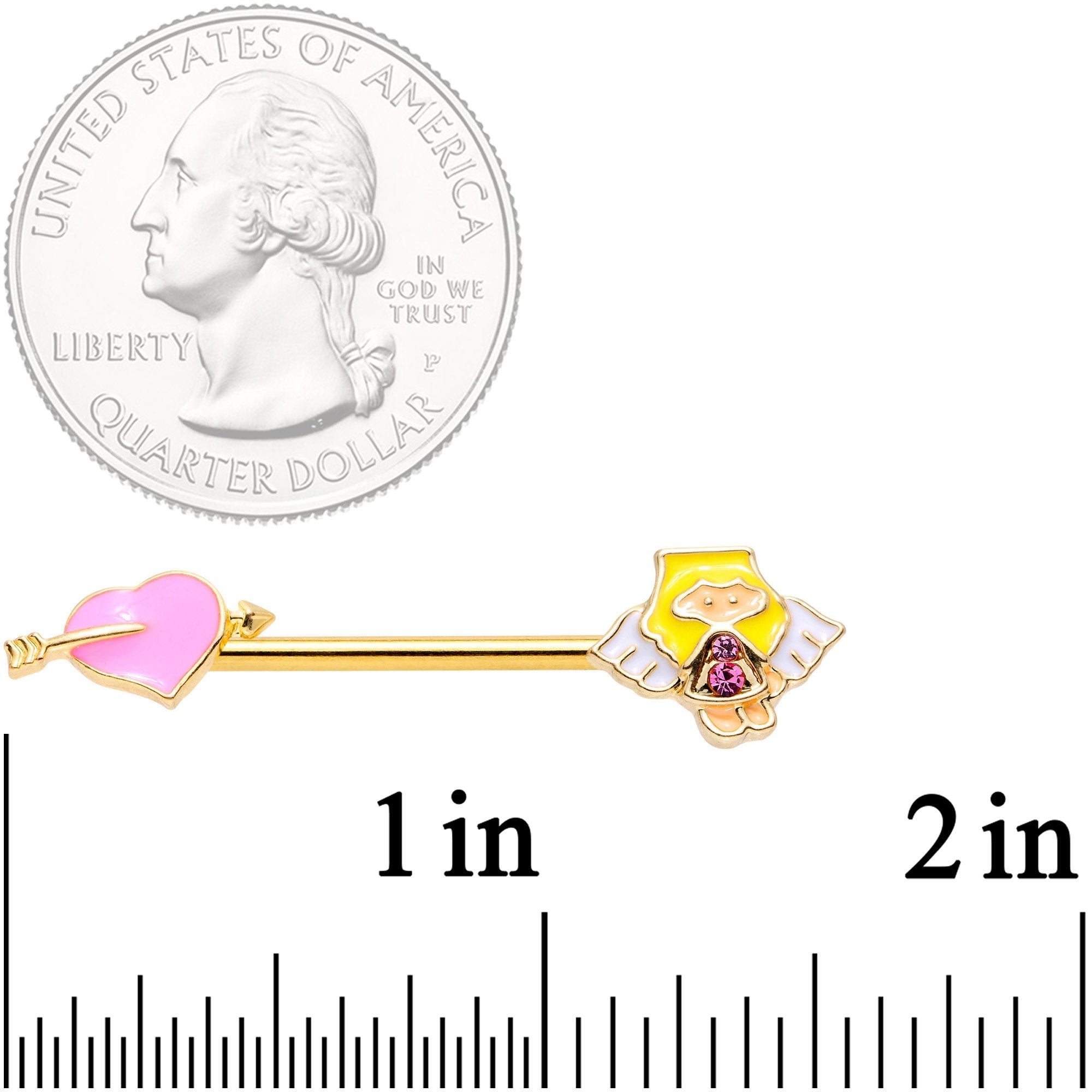 BodyCandy 14G 9/16 Pink Gem Heart Cupid Gold Tone Barbell Nipple Ring Set — detail and construction