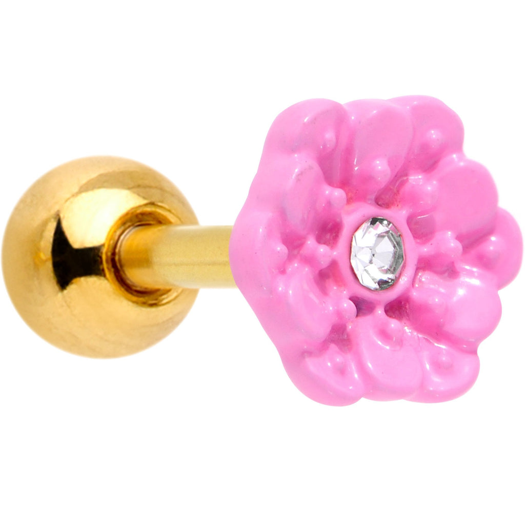 BodyCandy 16G 1/4 Clear Gem Gold Tone Pink Flower Tragus Cartilage Earring — main product shot