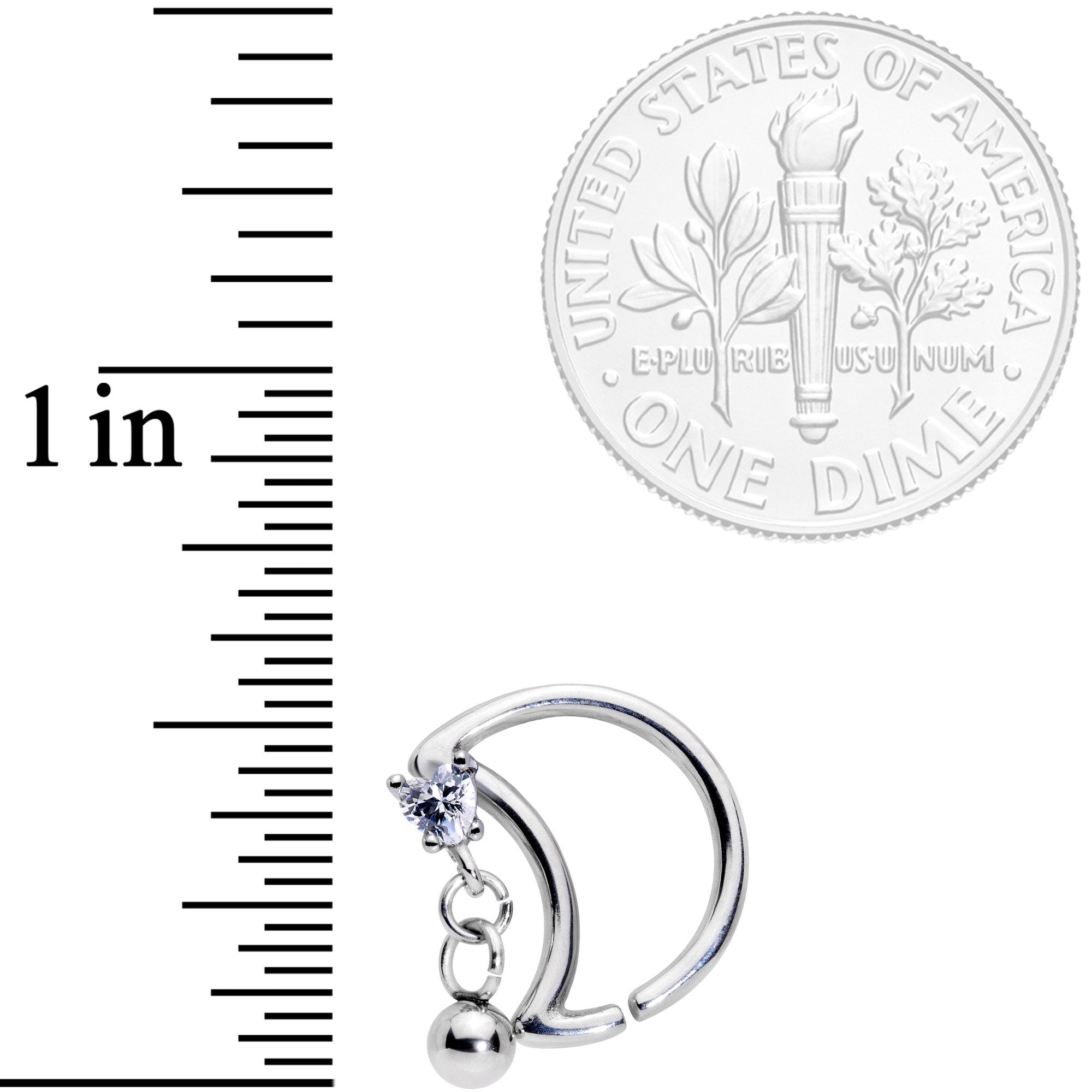 BodyCandy 16G 3/8 Clear CZ Gem Crescent Moon Heart Dangle Closure Ring — detail close-up