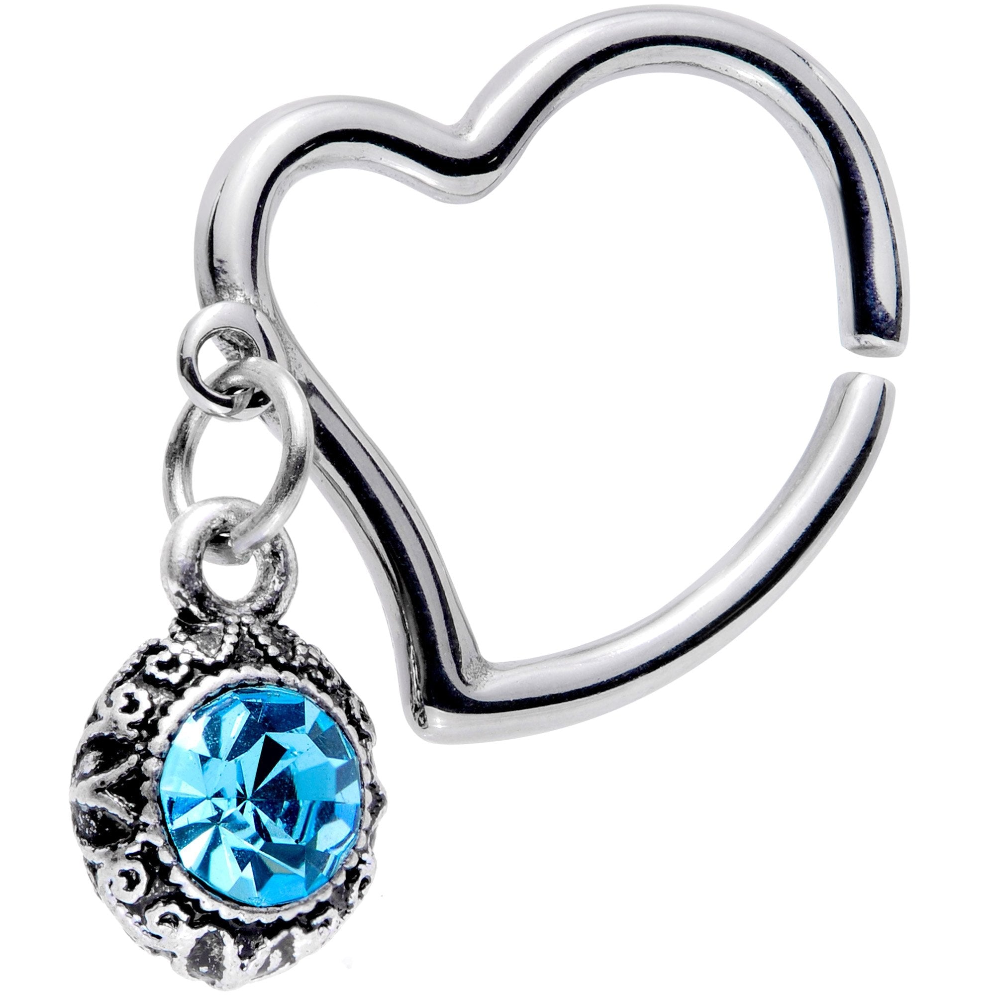 BodyCandy 16G 3/8 Aqua Gem Heart Dangle Right Closure Ring — main product shot