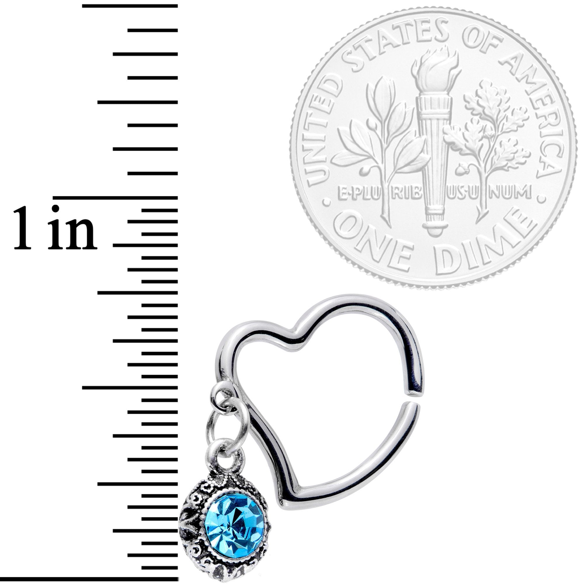 BodyCandy 16G 3/8 Aqua Gem Heart Dangle Right Closure Ring — detail close-up