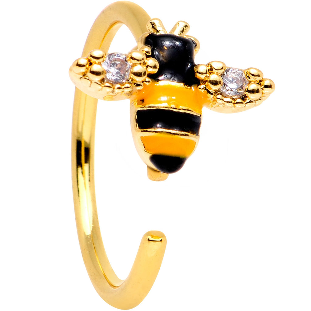 BodyCandy 20G 5/16 Clear CZ Gem Gold Tone Busy Bumble Bee Nose Hoop — detail close-up