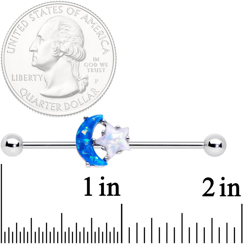 BodyCandy 14G Blue White Faux Opal Starry Moon Industrial Barbell 38mm — detail and construction
