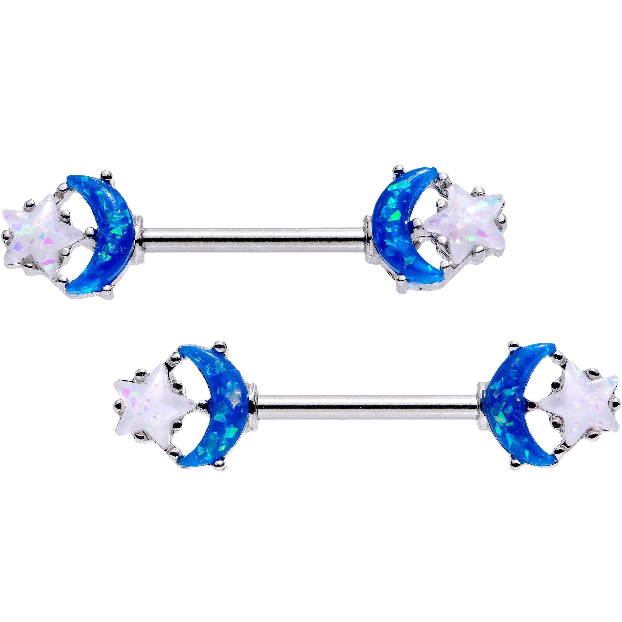 BodyCandy 14G 9/16 Blue White Faux Opal Starry Moon Barbell Nipple Ring Set — main product shot