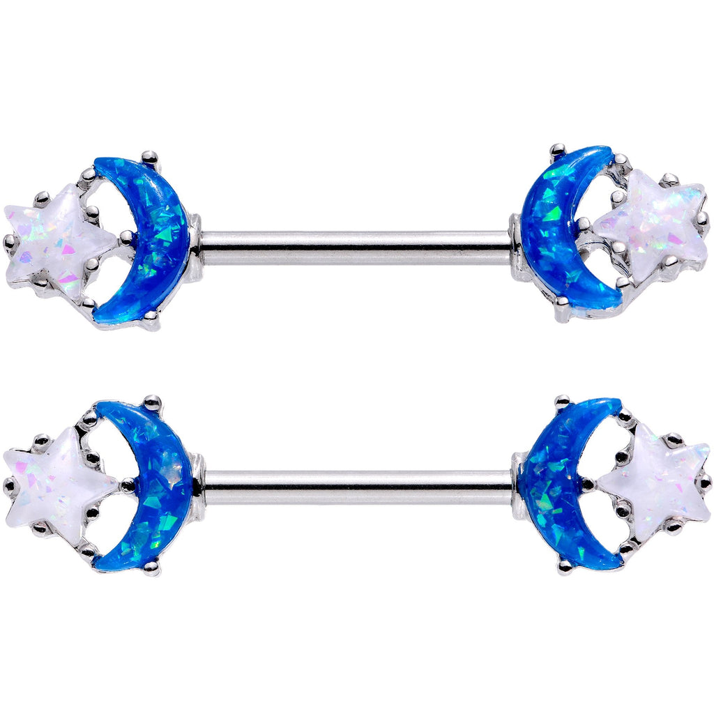 BodyCandy 14G 9/16 Blue White Faux Opal Starry Moon Barbell Nipple Ring Set — detail and construction