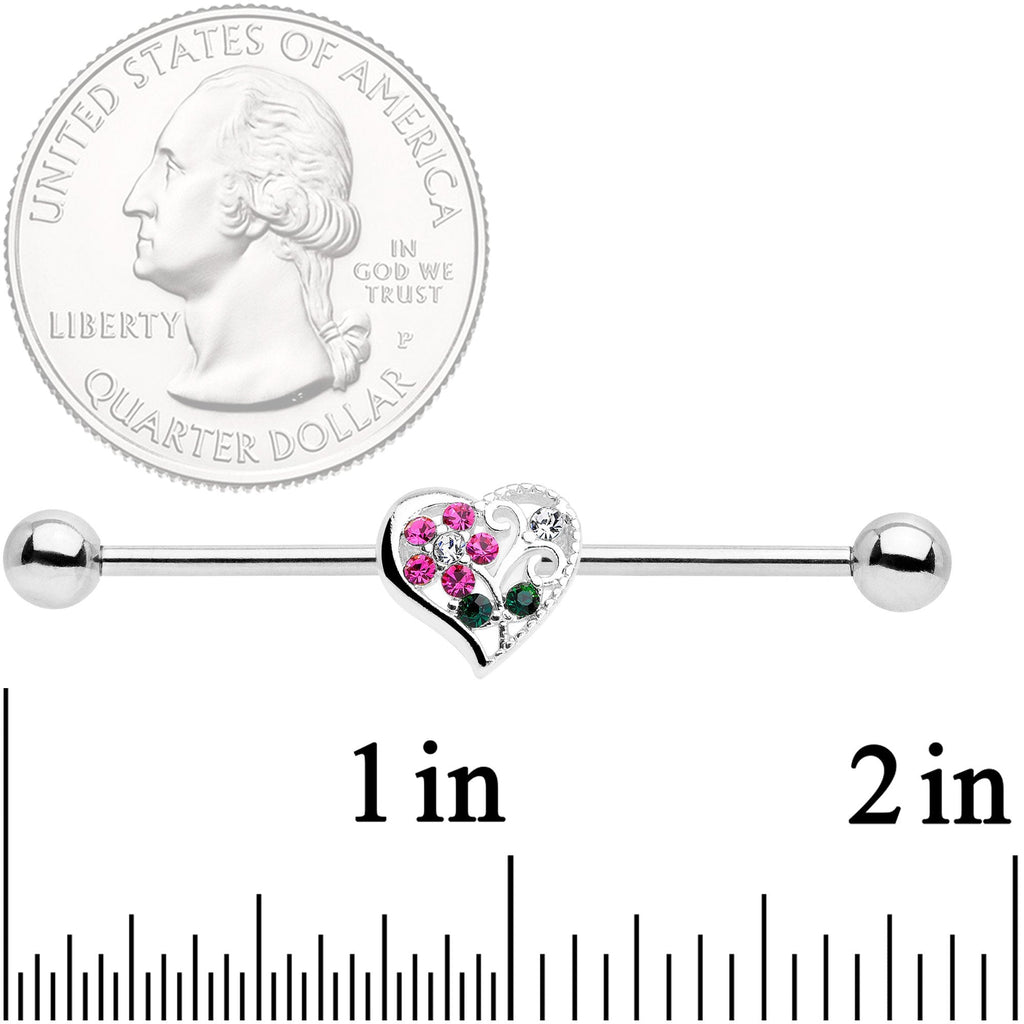 BodyCandy 14G Clear Pink Gem Flower Heart Barbell Industrial — detail close-up